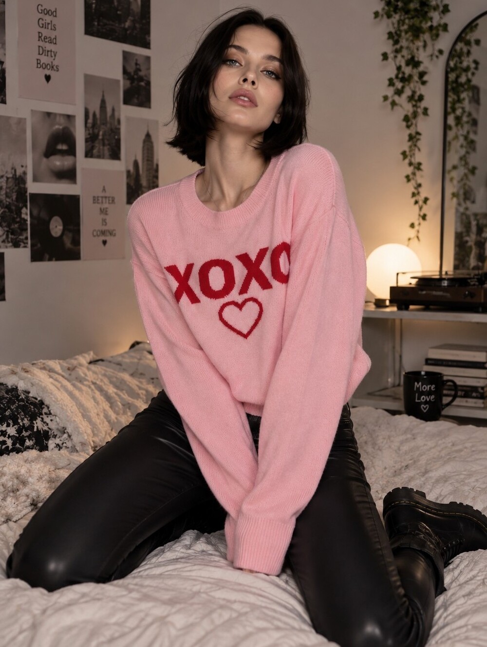 CeCe XOXO Oversized Sweater Medium Pink Red Heart Valentine Coquette Knit CC